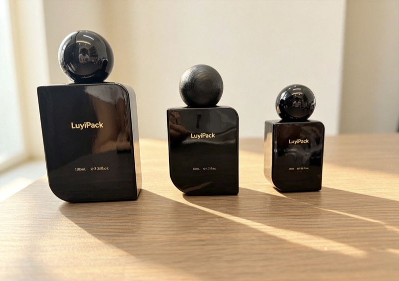 Black lacquered bottles with black ball caps in 100ml, 50ml and 30ml