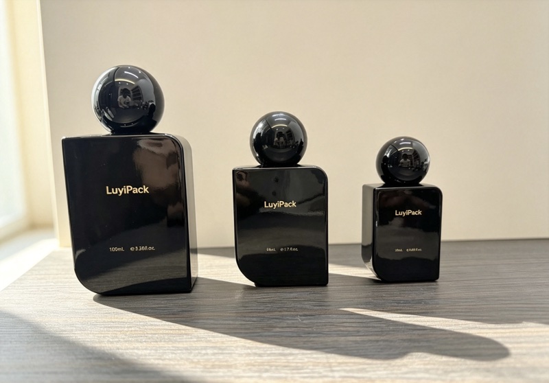 Three black lacquered perfume bottles with glossy ball caps on a table