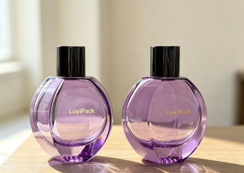 Two purple carved round glass bottles with black caps