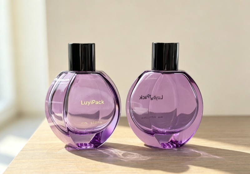 Purple pumpkin-shaped carved glass bottles, 65ml, with black cylinder caps