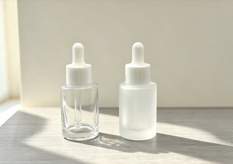 Clear and frosted glass dropper bottles with white droppers