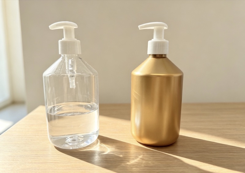 Clear PET and gold lotion pump bottles with white pumps