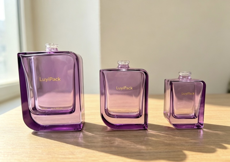 Purple glass shoulder perfume bottles in three sizes with gold LuyiPack logo
