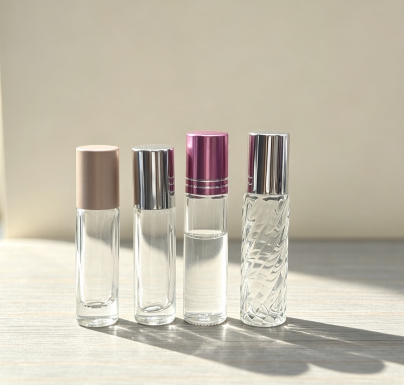 Four glass roll-on bottles with matte, silver and pink metallic caps, one with swirl texture