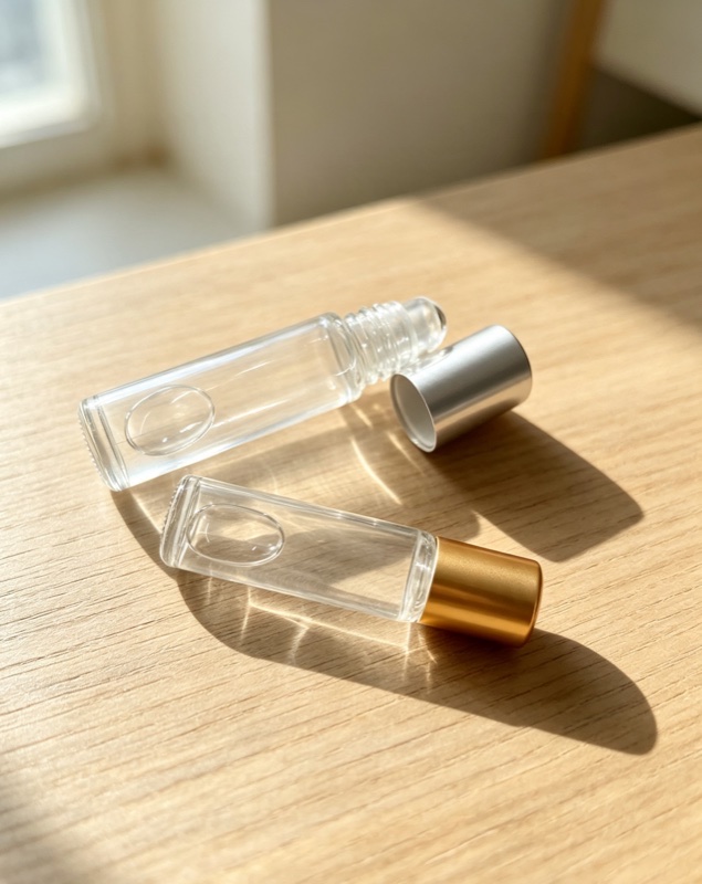 Two clear glass roll-on bottles with silver and gold caps on a wooden table