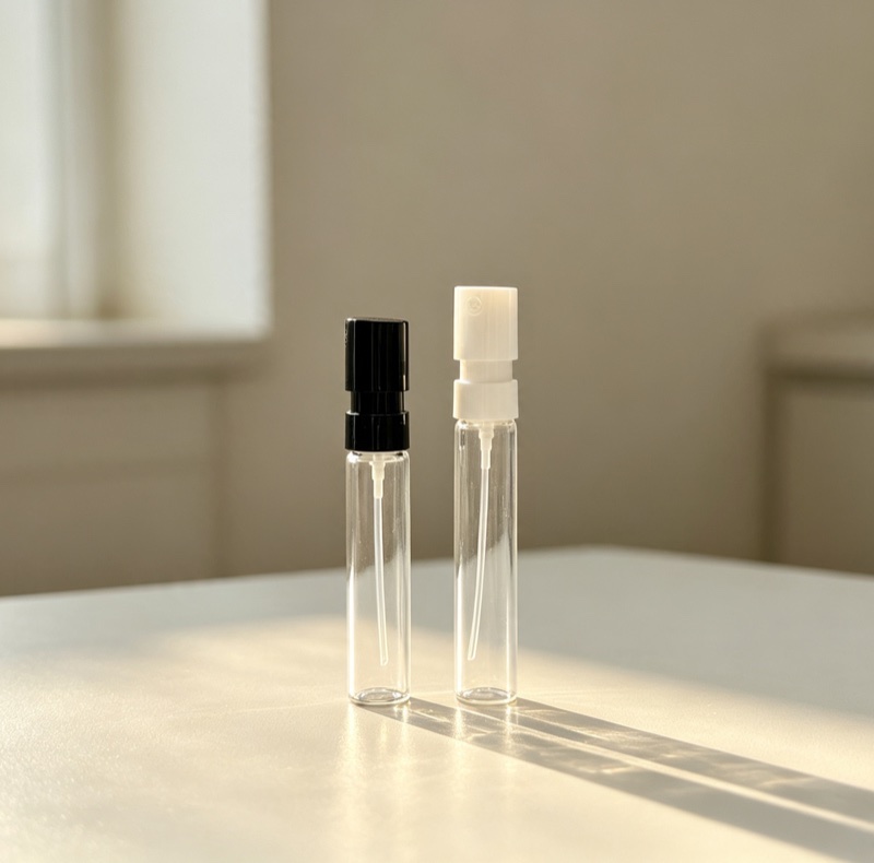 Three slim glass vials with black and white ball caps
