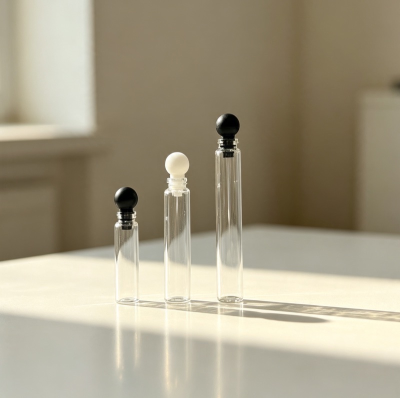 Two slim glass sample vials with black spray caps