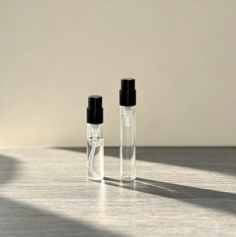 Two slim glass tubes with black and white spray caps