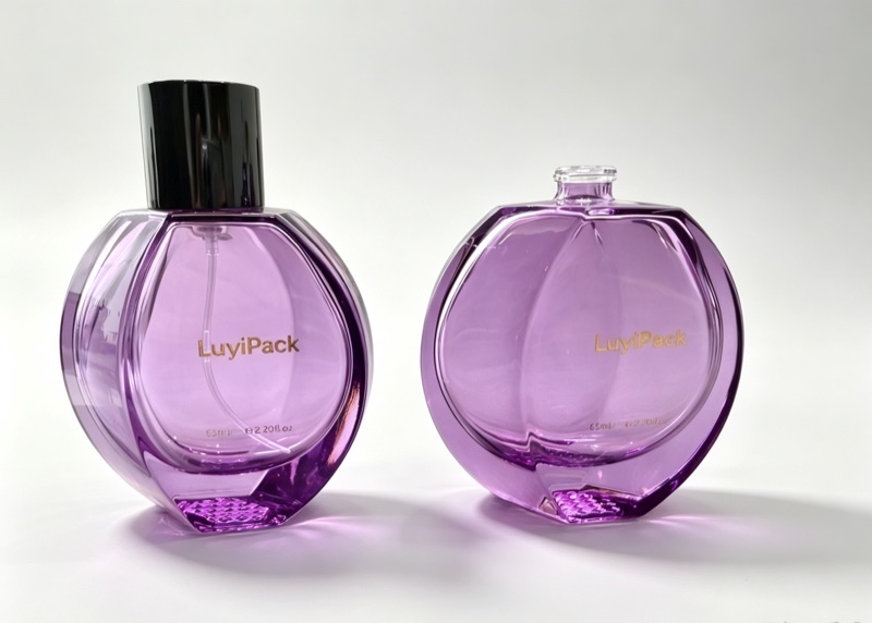 Purple carved round glass perfume bottle, 65ml