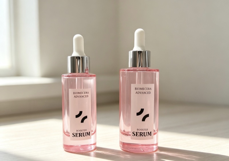 Two pink glass serum dropper bottles with silver collars and white droppers