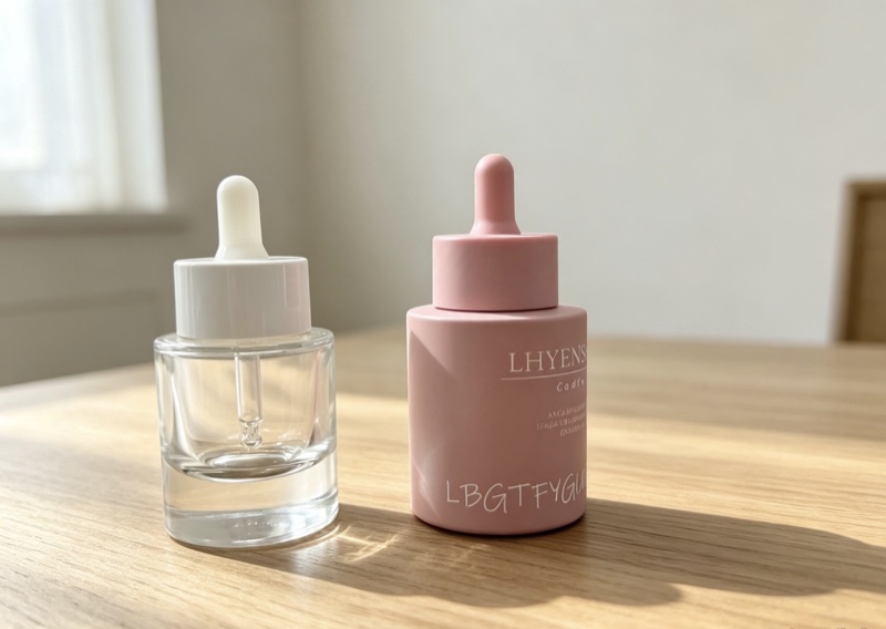 Pink serum bottles with white dropper caps on a table