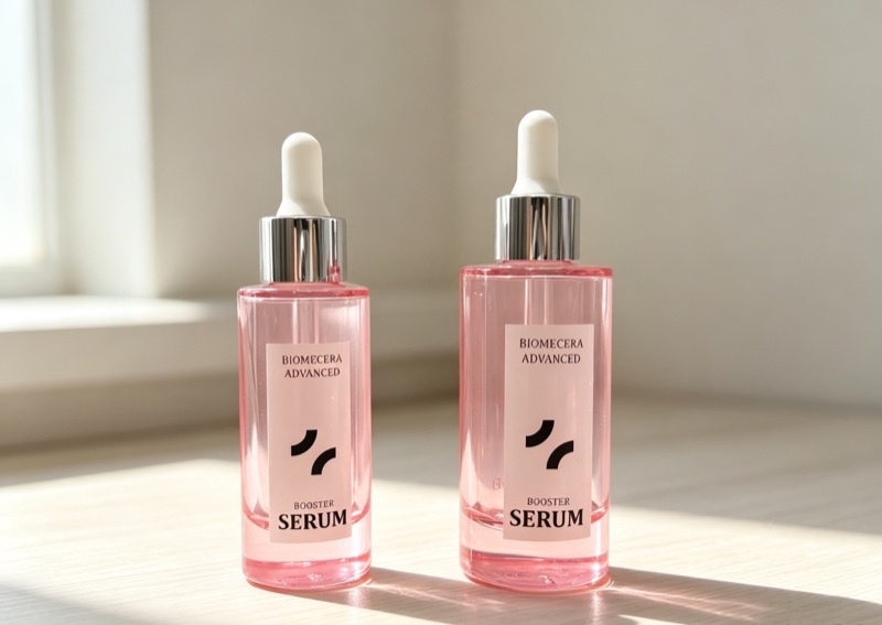 Clear glass dropper jar and pink coated dropper bottle