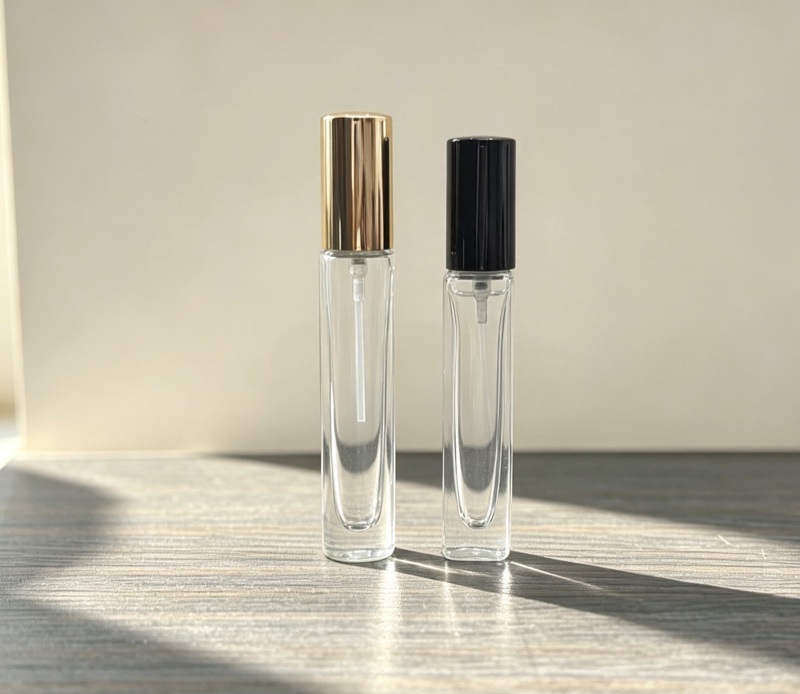 Two slim rectangular glass spray bottles with gold and black cylinder caps
