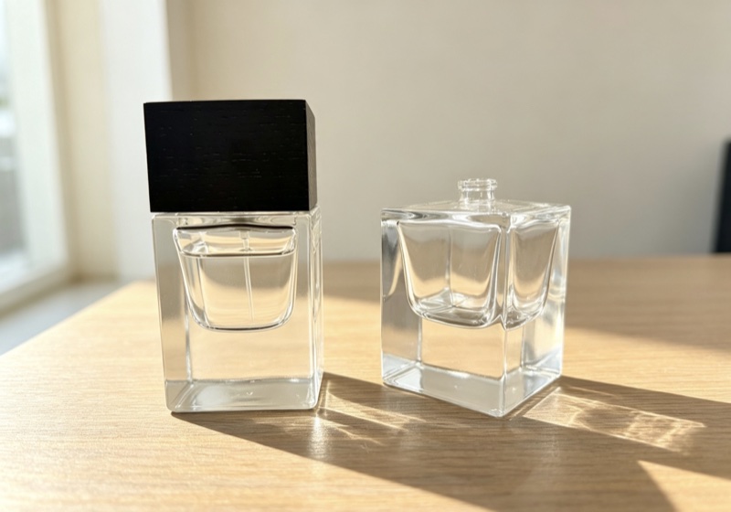 Square clear glass perfume bottle with black wooden cap