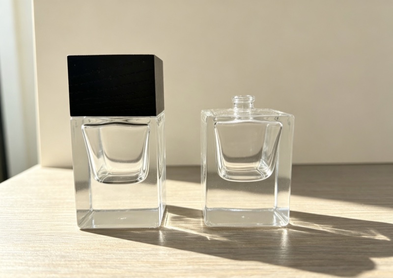 Square clear glass shoulder bottle with black wood cap, one bottle uncapped